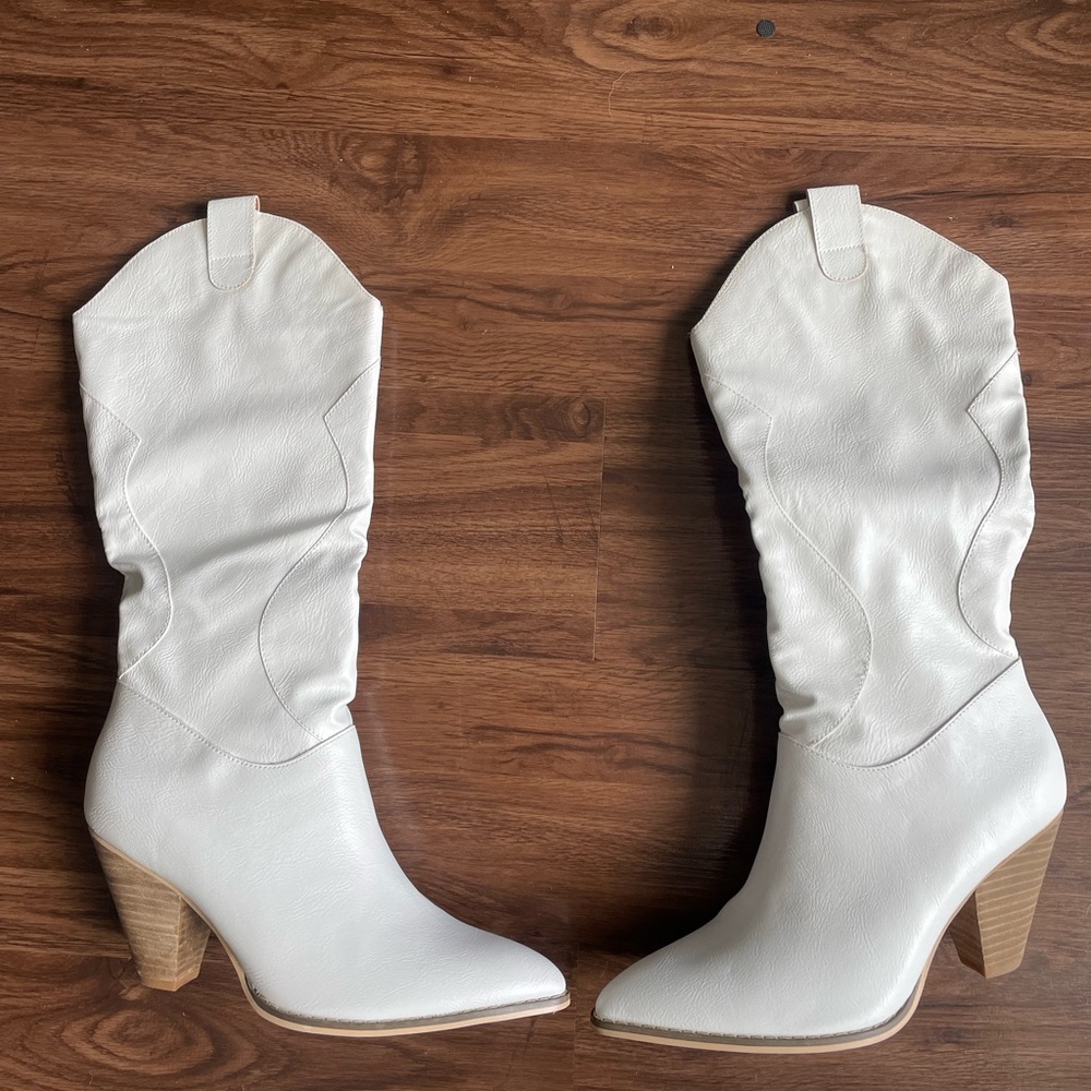 White faux leather cowboy boots